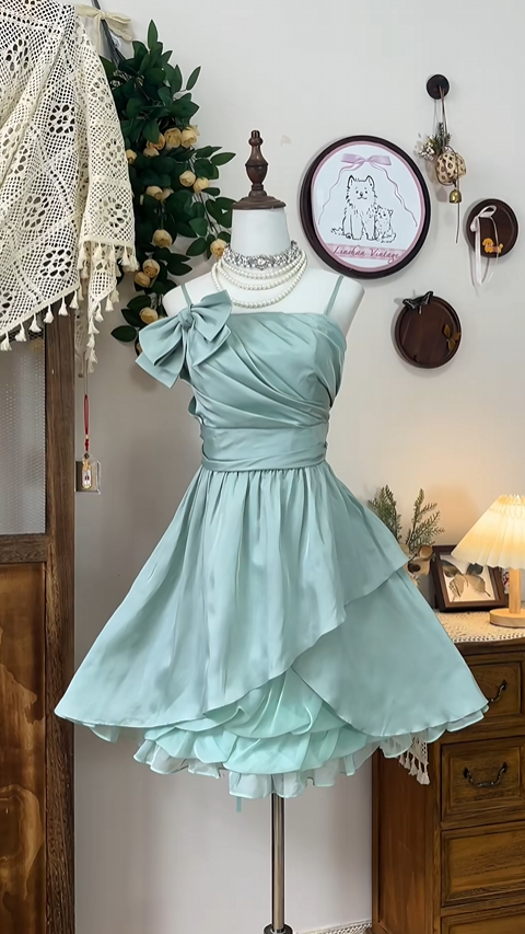 Vintage Light Green Ruffle Bow Design A-line Elegant Homecoming Dress Birthday Dress Party Dress D1649
