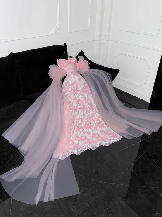 Vintage Pink Applique Bow Design A-Line Prom Dress Evening Dress D1688