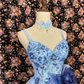 Retro Blue Floral Applique A-Line Elegant Chiffon Tiered Homecoming Dress Evening Dress Prom Dresses D1616