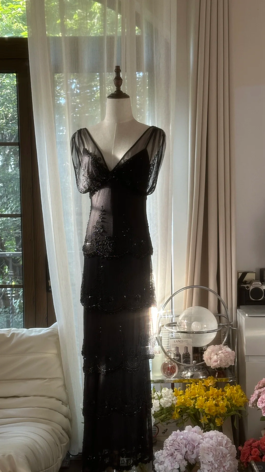 Vintage Black Applique Elegant Design A-line Romantic Chiffon Evening Dress Prom Dress D1478