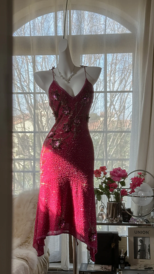 Vintage Shiny Sequin Rose Red Backless Design A-line Romantic Chiffon Evening Dress Prom Dress D1506