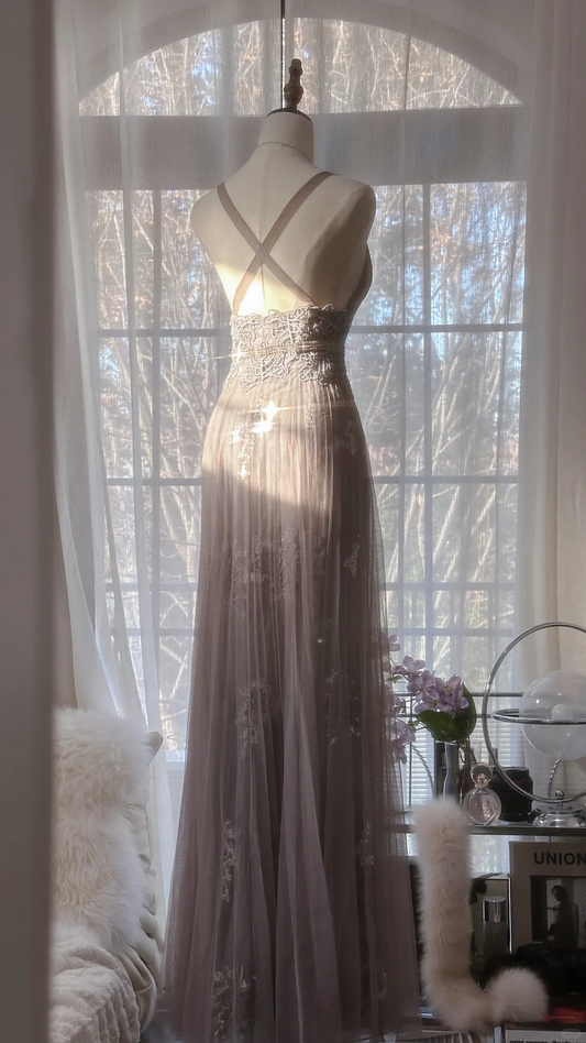 Vintage Light Purple Applique Design Romantic Chiffon Evening Dress Prom Dress D1511