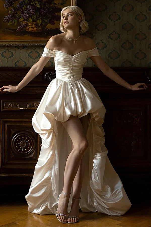 Elegant Wedding Dress White Off the Shoulder Pleated Hi-Lo Wedding Dress Prom Dress D7230