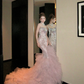 Gorgeous Glittering Pink Beaded Sequin Strapless Mermaid Design Elegant Prom Dress Evening Dress D1717
