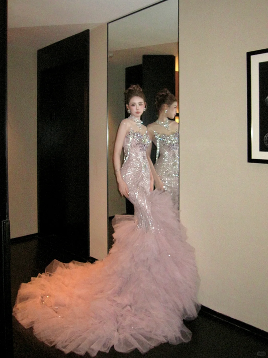 Gorgeous Glittering Pink Beaded Sequin Strapless Mermaid Design Elegant Prom Dress Evening Dress D1717