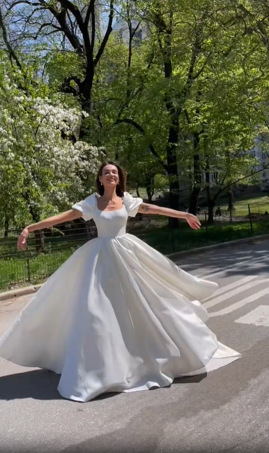 White A-Line Short Sleeves Satin Elegant Long Wedding Dress MD7510
