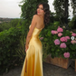 Spaghetti Straps Yellow Long Sheath Prom Dress With Slit MD7581
