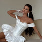 Unique Homecoming Dress Off the Shoulder Pleated Back to School Outfits Party Dress Wedding Dress D7750