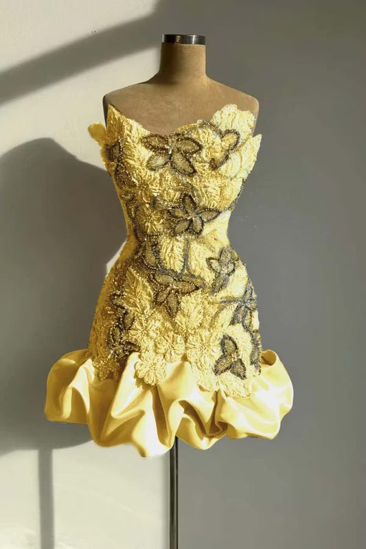 Chic Homecoming Dress Strapless Pleaed Beading Flower Rinestone Back to School Outfits Party Dress  D7400
