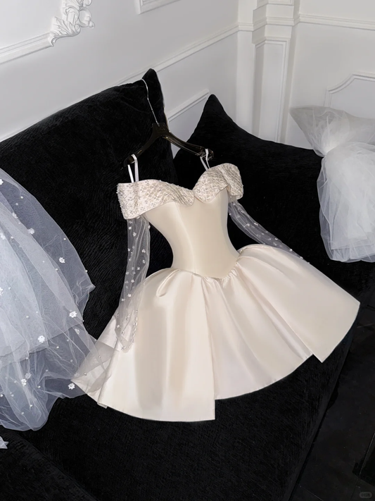 Elegant Ivory Off-the-shoulder Simple Design A-Line Satin Short Homecoming Dress Party Dress D1660