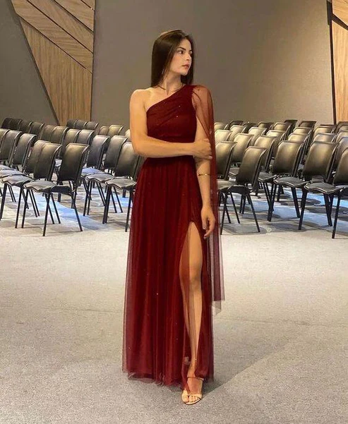 Black One Shoulder A-Line Tulle Long Formal Prom Dress MD7335