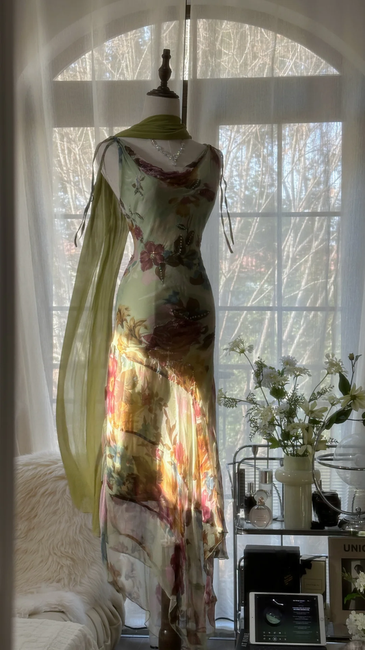 Elegant Green Fairy Gorgeous Floral Long Chiffon Spaghetti Strap Romantic Evening Dress Prom Dresses D1495