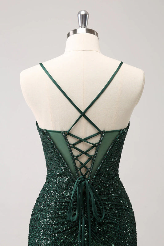 Vintage Dark Green Sequined Design A-line Spaghetti Strap Homecoming Dress, D1366