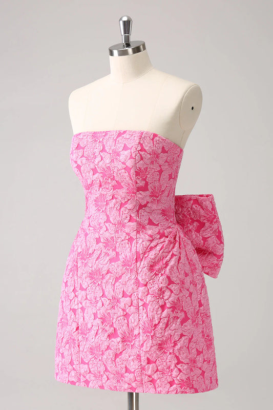 Vintage Rose Pink Bow Design A-line Floral Sleeveless Strapless Homecoming Dress, D1367