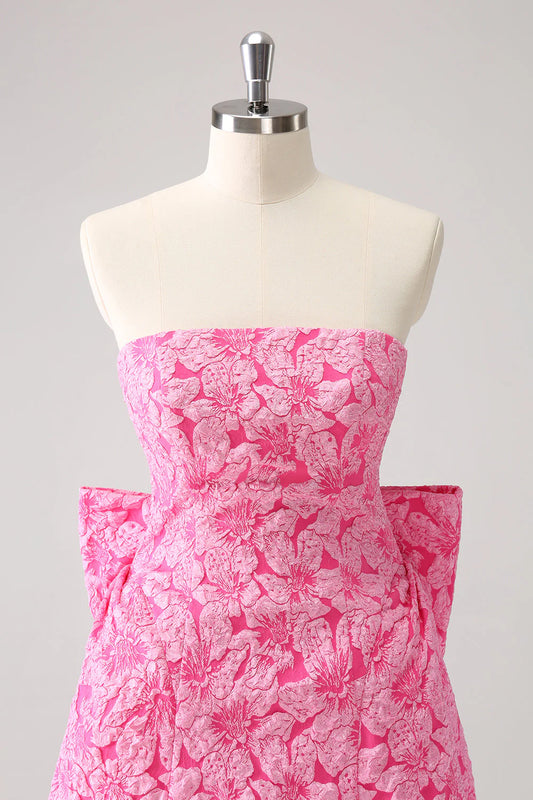 Vintage Rose Pink Bow Design A-line Floral Sleeveless Strapless Homecoming Dress, D1367