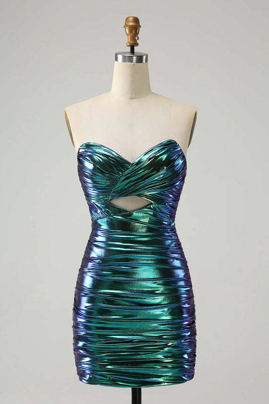 New Fashion Sparkly Teal Blue Ruched Design A-line Bodycon Strapless Short Homecoming Dress, D1362