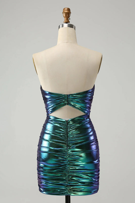New Fashion Sparkly Teal Blue Ruched Design A-line Bodycon Strapless Short Homecoming Dress, D1362