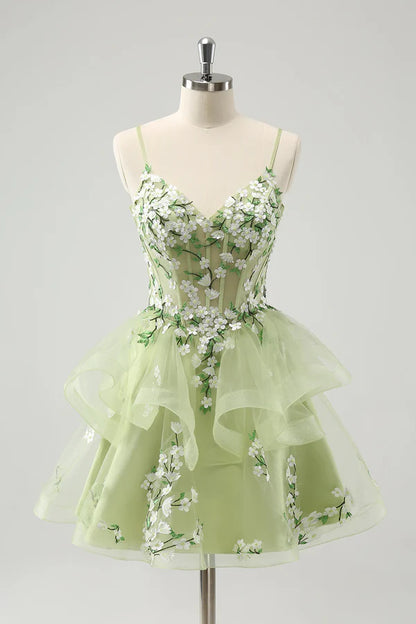 Vintage Mint Green Floral Embroidery Design A-line Spaghetti Strap Homecoming Dress, D1356