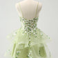 Vintage Mint Green Floral Embroidery Design A-line Spaghetti Strap Homecoming Dress, D1356