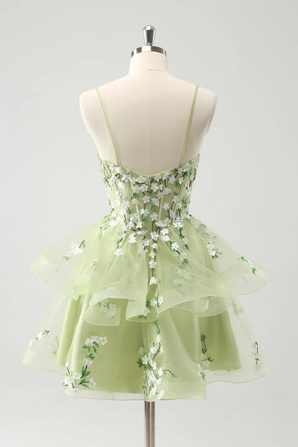 Vintage Mint Green Floral Embroidery Design A-line Spaghetti Strap Homecoming Dress, D1356