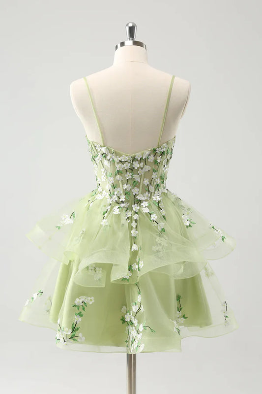Vintage Mint Green Floral Embroidery Design A-line Spaghetti Strap Homecoming Dress, D1356
