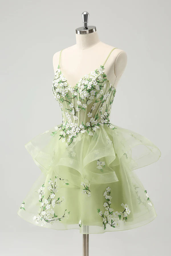 Vintage Mint Green Floral Embroidery Design A-line Spaghetti Strap Homecoming Dress, D1356
