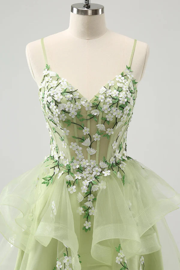 Vintage Mint Green Floral Embroidery Design A-line Spaghetti Strap Homecoming Dress, D1356