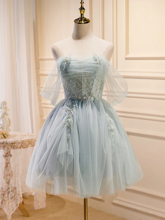 Vintage Light Blue Beaded Off-the-shoulder Design A-line Tulle Party Dress Homecoming Dress D1546