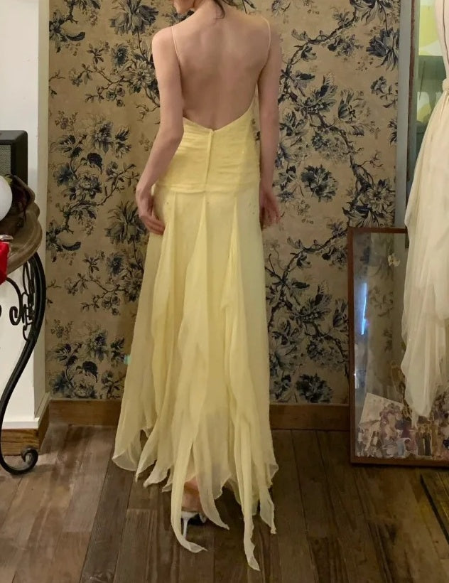 Beauty Prom Dress Light Yellow Spaghetti Straps Pleated Tulle Gala Dress Cocktail Dress Evening Dress  D4584