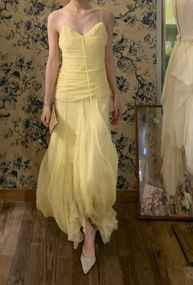 Beauty Prom Dress Light Yellow Spaghetti Straps Pleated Tulle Gala Dress Cocktail Dress Evening Dress  D4584