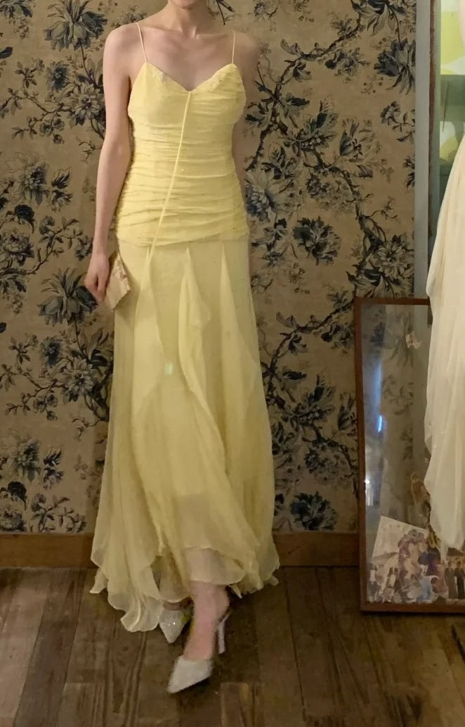 Beauty Prom Dress Light Yellow Spaghetti Straps Pleated Tulle Gala Dress Cocktail Dress Evening Dress  D4584