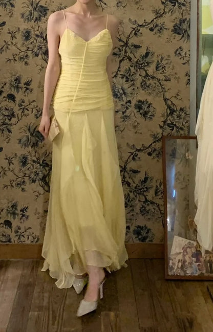 Beauty Prom Dress Light Yellow Spaghetti Straps Pleated Tulle Gala Dress Cocktail Dress Evening Dress  D4584