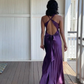 Elegant Purple V Neck Halter Sheath Satin Simple Long Prom Dress MD7638