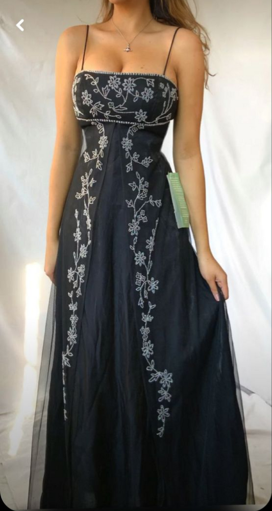 Black Spaghetti Straps A-Line Beading Vintage Long Evening Party Dress, D777