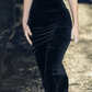Elegant Black Spaghetti Straps Velvet Midi Length Formal Party Dress MD7463
