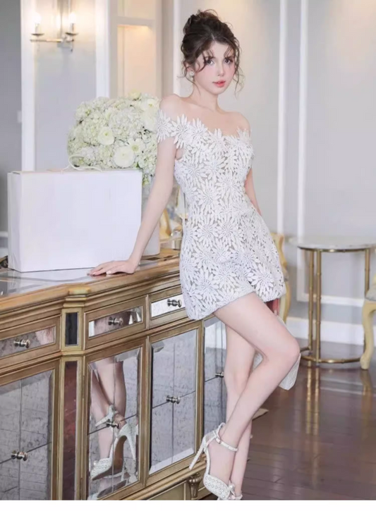 Cute White Appliqued Off-the-shoulder Design A-line Party Dress Homecoming Dress, D1379