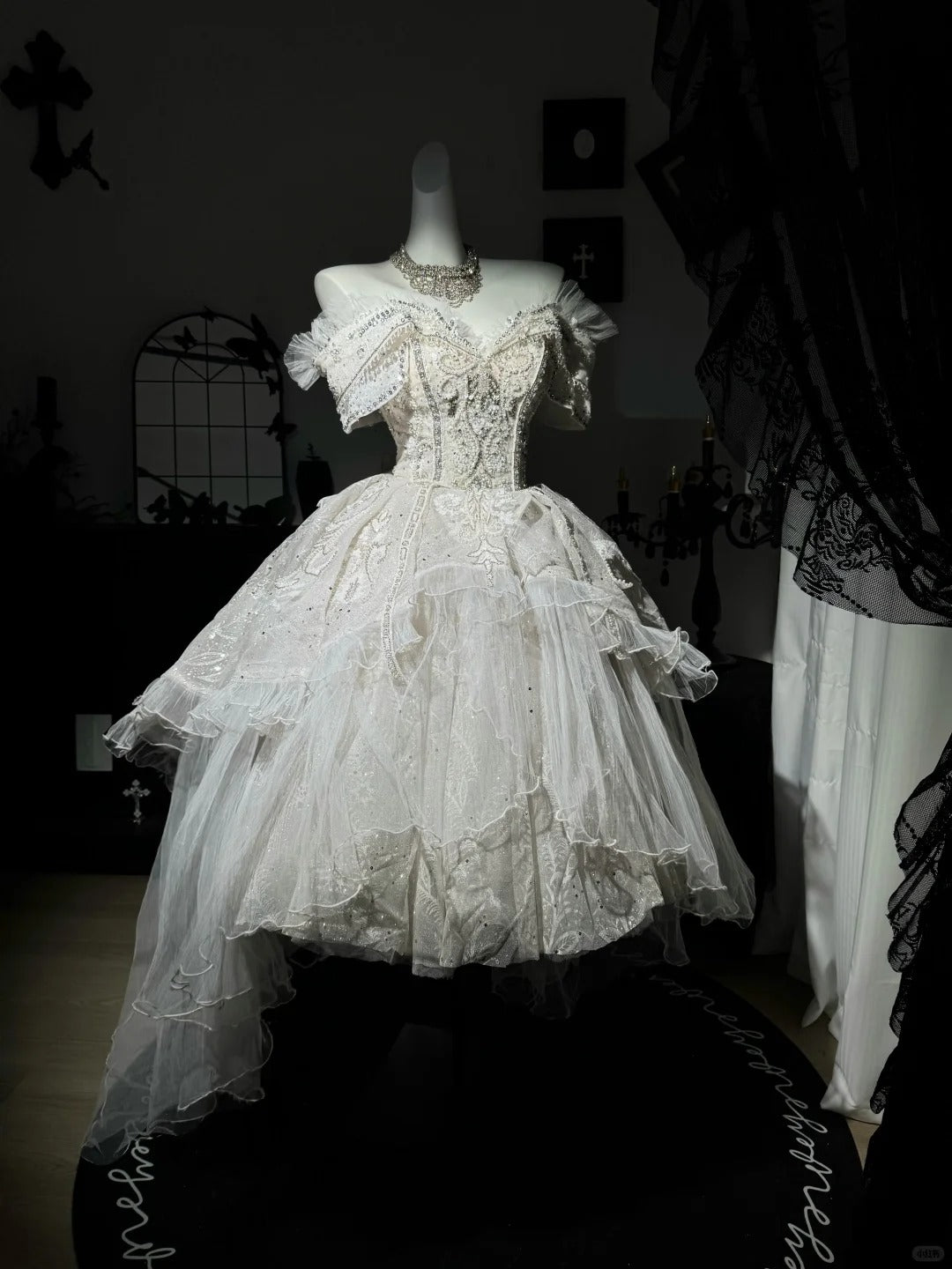 New Homecoming Dress Off the Shoulder Tulle Sequins Bead Applique Hi-Lo Pearl Rinestone Ball Gown Back to School Outfits Party Dress Birthday Dress Wedding Dress D7551