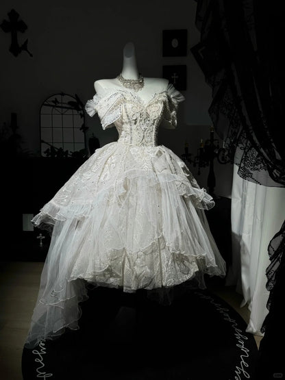 New Homecoming Dress Off the Shoulder Tulle Sequins Bead Applique Hi-Lo Pearl Rinestone Ball Gown Back to School Outfits Party Dress Birthday Dress Wedding Dress D7551