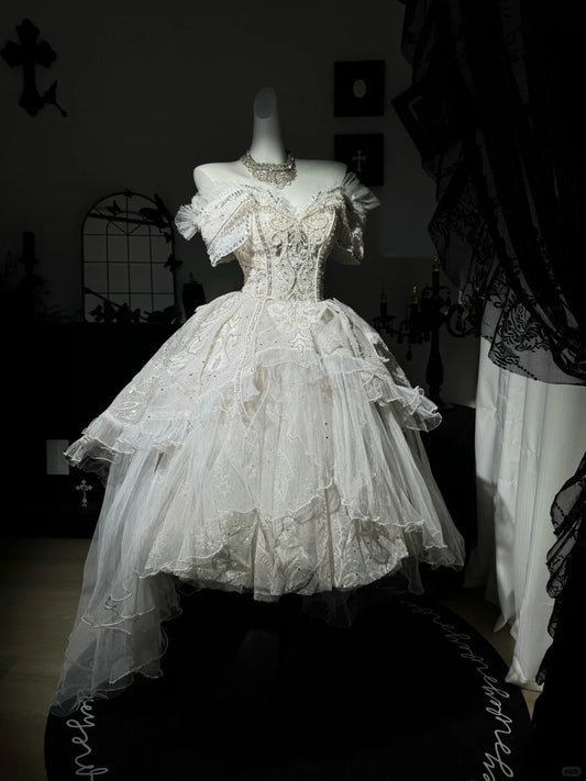 New Homecoming Dress Off the Shoulder Tulle Sequins Bead Applique Hi-Lo Pearl Rinestone Ball Gown Back to School Outfits Party Dress Birthday Dress Wedding Dress D7551