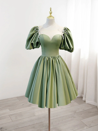 Retro Green Sweetheart Short-sleeved Lace-up Design A-line Satin Party Dress Homecoming Dress D1558