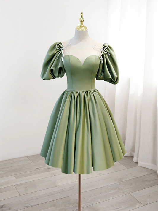 Retro Green Sweetheart Short-sleeved Lace-up Design A-line Satin Party Dress Homecoming Dress D1558