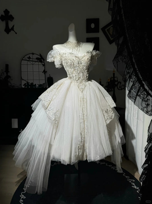 New Homecoming Dress Off the Shoulder Tulle Sequins Bead Applique Hi-Lo Pearl Rinestone Ball Gown Back to School Outfits Party Dress Birthday Dress Wedding Dress D7547