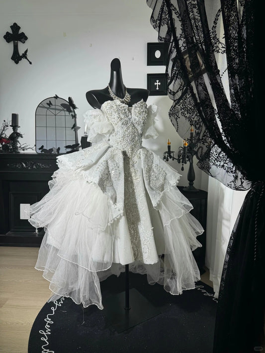 New Homecoming Dress V Neck Tulle Bead Sequins Pearl Lace Hi-Lo Cascade Back to School Outfits Party Dress Birthday Dress Wedding Dress D7644