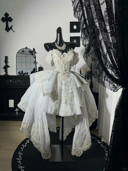 New Homecoming Dress Off the Shoulder Tull Bead Sequins Pearl Lace Hi-Lo Cascade Back to School Outfits Party Dress Birthday Dress Wedding Dress D7647