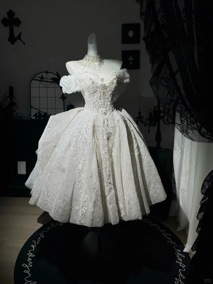 New Homecoming Dress Off the Shoulder Tulle Sequins Bead Applique Hi-Lo Pearl Rinestone Ball Gown Back to School Outfits Party Dress Birthday Dress Wedding Dress D7552