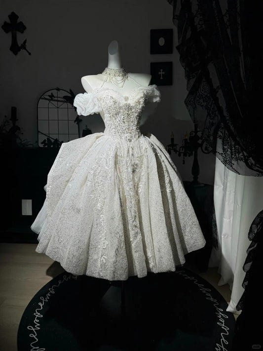 New Homecoming Dress Off the Shoulder Tulle Sequins Bead Applique Hi-Lo Pearl Rinestone Ball Gown Back to School Outfits Party Dress Birthday Dress Wedding Dress D7552
