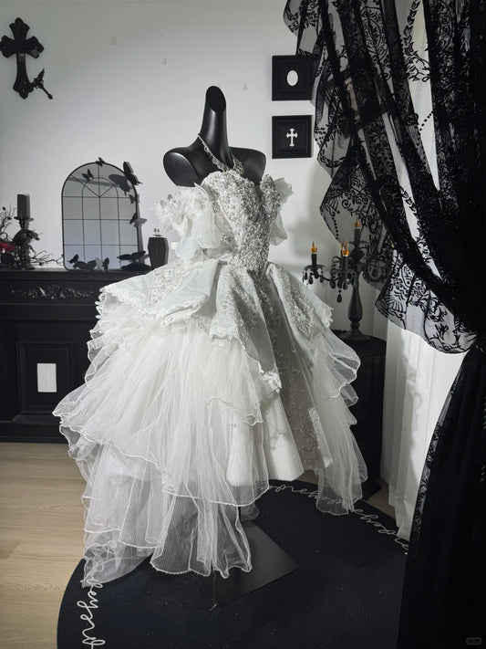 New Homecoming Dress V Neck Tulle Bead Sequins Pearl Lace Hi-Lo Cascade Back to School Outfits Party Dress Birthday Dress Wedding Dress D7644