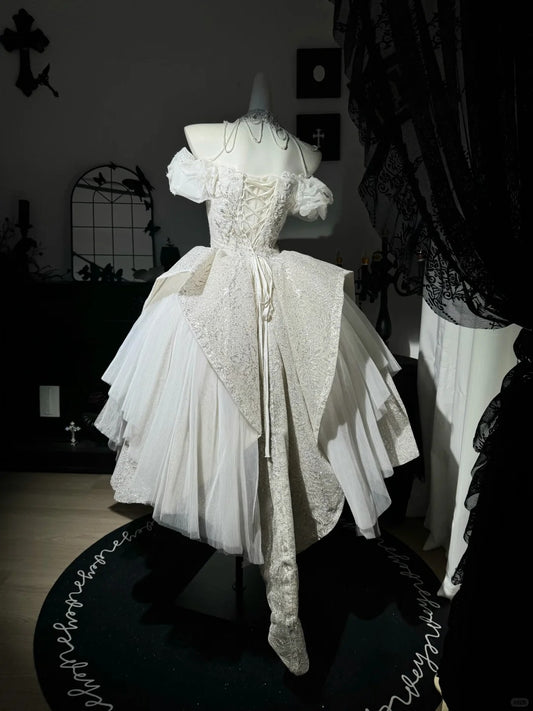 New Homecoming Dress Off the Shoulder Tulle Sequins Bead Applique Hi-Lo Pearl Rinestone Ball Gown Back to School Outfits Party Dress Birthday Dress Wedding Dress D7552