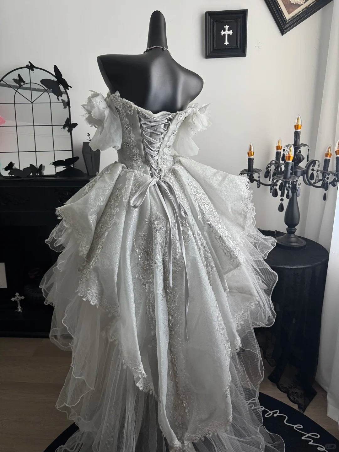 New Homecoming Dress V Neck Tull Bead Sequins Pearl Lace Hi-Lo Cascade Back to School Outfits Party Dress Birthday Dress Wedding Dress D7644