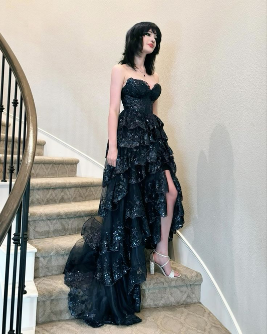 Robe de soirée longue bleu marine foncé, coupe trapèze, décolleté en cœur, en dentelle, à volants, robe de bal senior, D779